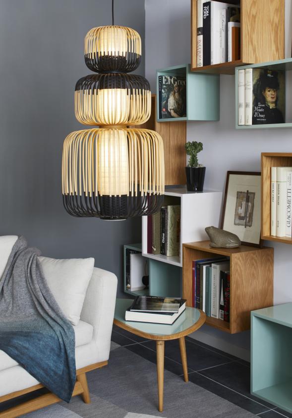 Suspension bamboo light 3 lights noir, Forestier